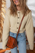 Textured Button Front Drop Shoulder Cropped Crewneck Cardigan